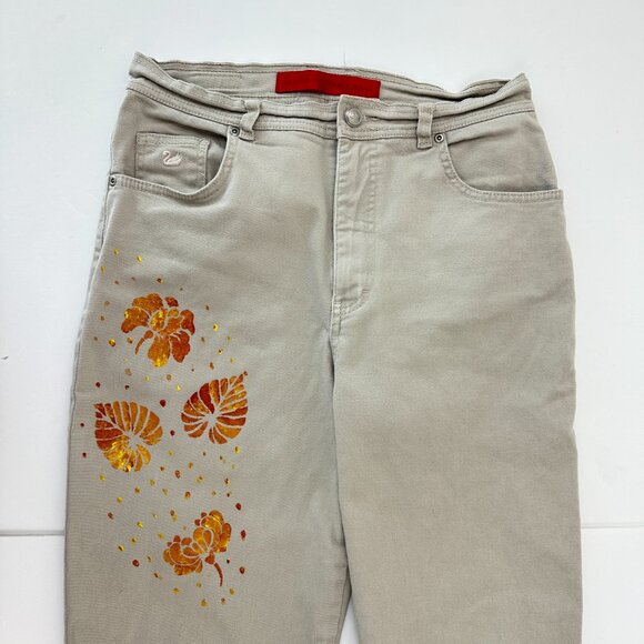 Gloria Vanderbilt Straight Leg Hand Painted Leaves Women's size 10 Beige Jeans - Picture 2 of 5